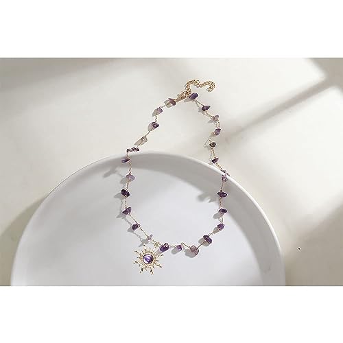 Aktully Crystal Sun Necklace for Women 18K Gold Plated Sun Pendant Necklace Natural Stone Crystal Choker Necklace Healing Crystal Necklace Christmas Trendy Jewelry for Women (purple) - Image 5