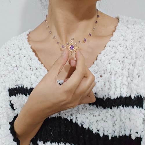 Aktully Crystal Sun Necklace for Women 18K Gold Plated Sun Pendant Necklace Natural Stone Crystal Choker Necklace Healing Crystal Necklace Christmas Trendy Jewelry for Women (purple) - Image 2
