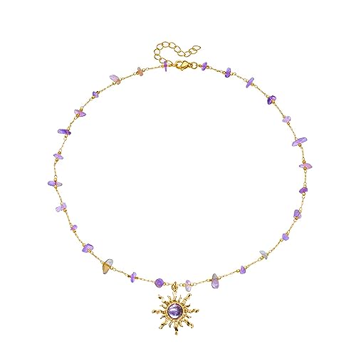 Aktully Crystal Sun Necklace for Women 18K Gold Plated Sun Pendant Necklace Natural Stone Crystal Choker Necklace Healing Crystal Necklace Christmas Trendy Jewelry for Women (purple) - Image 1