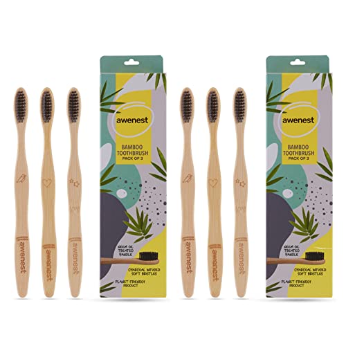 awenest Bamboo Toothbrush With Charcoal Activated Soft Bristles - Pack of 6 | Treated With Neem Oil | For Fungus Protection | Bpa Free, Biodegradable And Compostable Handle | Eco-friendly | - Image 1