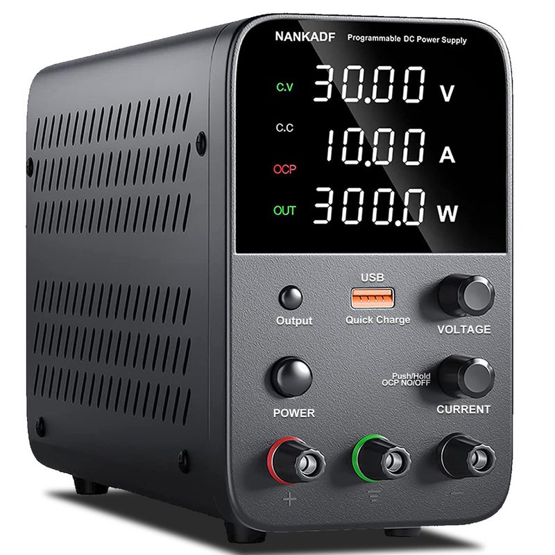 NANKADF DC Power Supply Variable, Bench Power Supply with Encoder Adjustment Knob, Output Enable/Disable Button, Adjustable Power Supplies with USB Quick-Charge, Short Circuit Alam (30V 10A Black) - Image 1