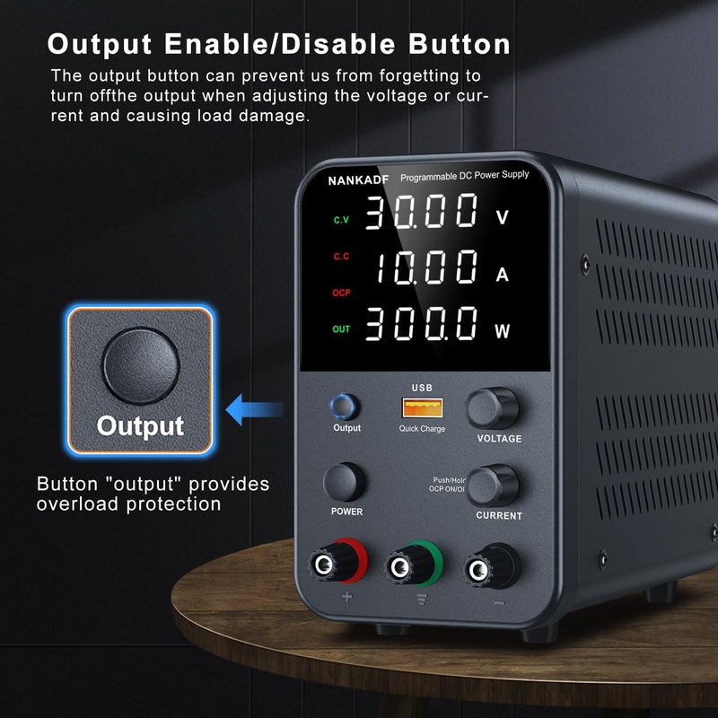 NANKADF DC Power Supply Variable, Bench Power Supply with Encoder Adjustment Knob, Output Enable/Disable Button, Adjustable Power Supplies with USB Quick-Charge, Short Circuit Alam (30V 10A Black) - Image 4