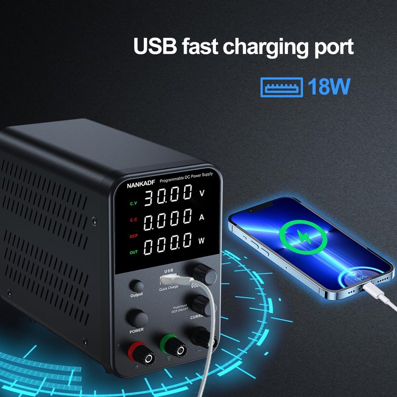 NANKADF DC Power Supply Variable, Bench Power Supply with Encoder Adjustment Knob, Output Enable/Disable Button, Adjustable Power Supplies with USB Quick-Charge, Short Circuit Alam (30V 10A Black) - Image 5