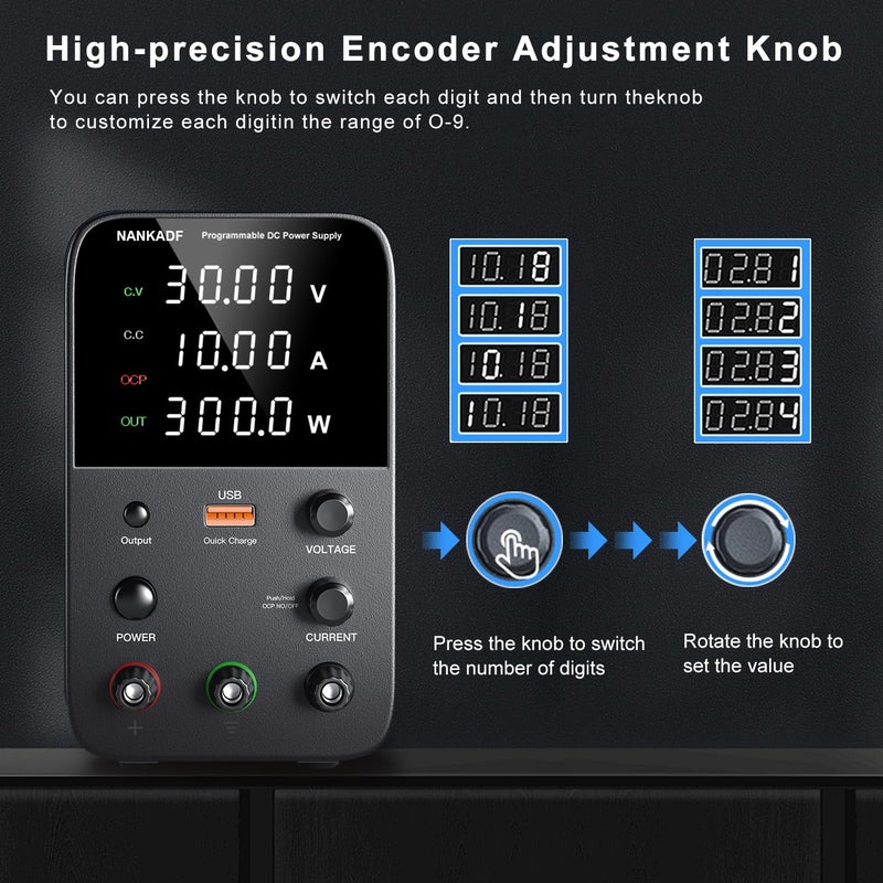 NANKADF DC Power Supply Variable, Bench Power Supply with Encoder Adjustment Knob, Output Enable/Disable Button, Adjustable Power Supplies with USB Quick-Charge, Short Circuit Alam (30V 10A Black) - Image 3