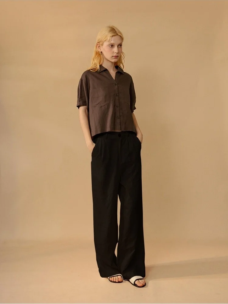 Barbora Linen Casual Trousers Buttoned LN13BLACK