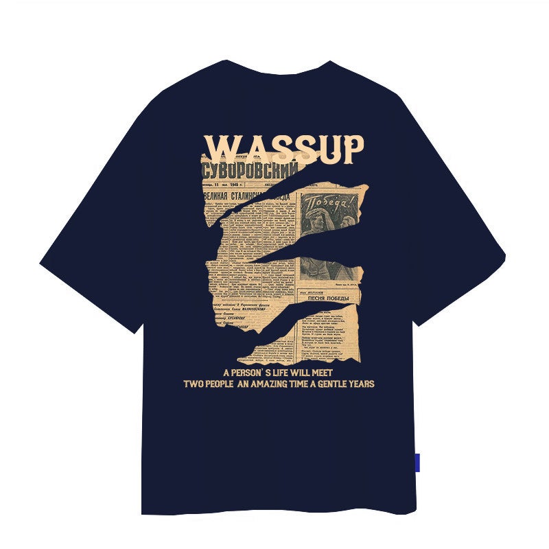 WASSUP fashion brand American heavy high street retro men's and women's short-sleeved t-shirt vintage pure cotton couple top men - Image 1
