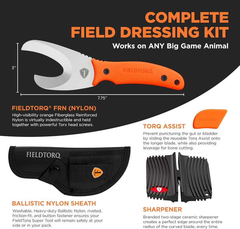 FieldTorq Field Dressing Kit | 3-in-1 Super Tool with Sheath & Sharpener | Skinning Knife for Hunting | Gut Hook | Deer Hunting Knife Set | FRN - Image 3