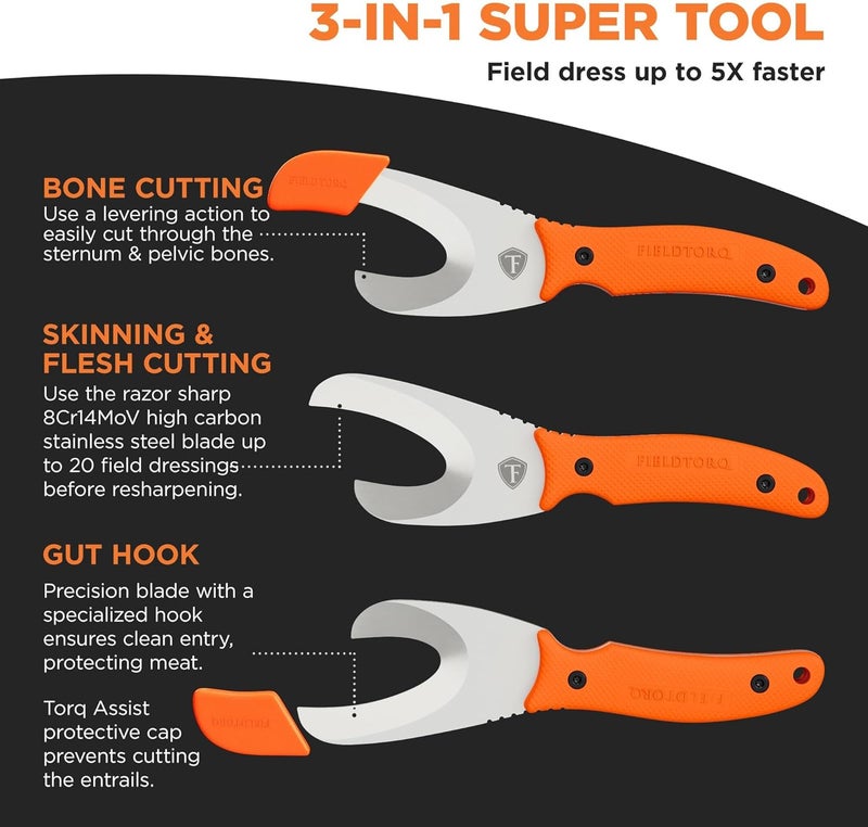 FieldTorq Field Dressing Kit | 3-in-1 Super Tool with Sheath & Sharpener | Skinning Knife for Hunting | Gut Hook | Deer Hunting Knife Set | FRN - Image 2