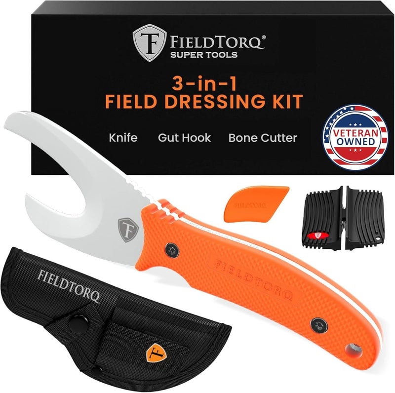 FieldTorq Field Dressing Kit | 3-in-1 Super Tool with Sheath & Sharpener | Skinning Knife for Hunting | Gut Hook | Deer Hunting Knife Set | FRN - Image 1