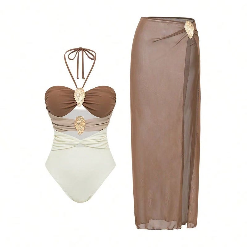 CME Retro Gold-Brown Gradient Swimwear Three-Piece Set: Halter Neck Two-Piece + Sheer Slit Wrap Skirt Vacation Eye-Catcher - Image 1