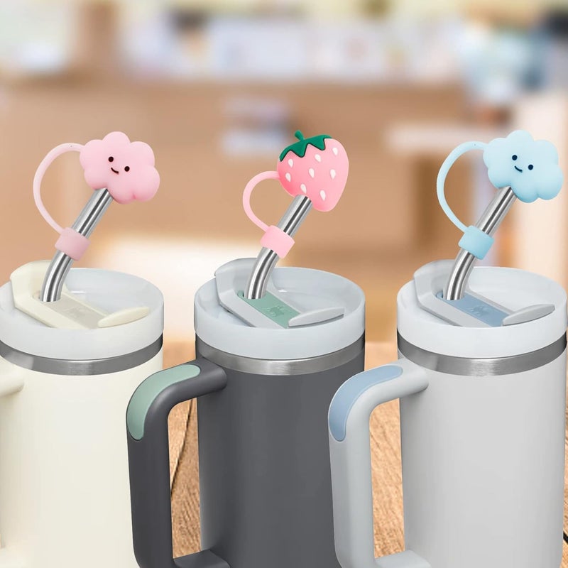 Mclear Stainless Steel Bend Straw, Silicone Straw Cap with Straw Cleaning Brush Reusable Cute Straw Plugs Anti-dust Portable, Cute Cartoon Patterns Cover (2 Bend Straw, 2cap, 1brush) Pack of 1 - Image 1