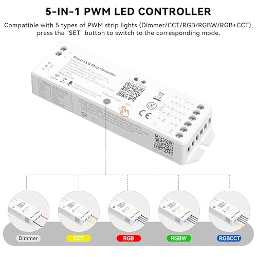 PAUTIX WiFi 5-in-1 LED Controller Dimmable for Monochrome CCT RGB RGBW RGBCCT LED Strip Lights Compatible with Tuya APP/Smart Life/Alexa/Google Home/Siri,DC12-24V Lights Controller(Without Battery) - Image 2
