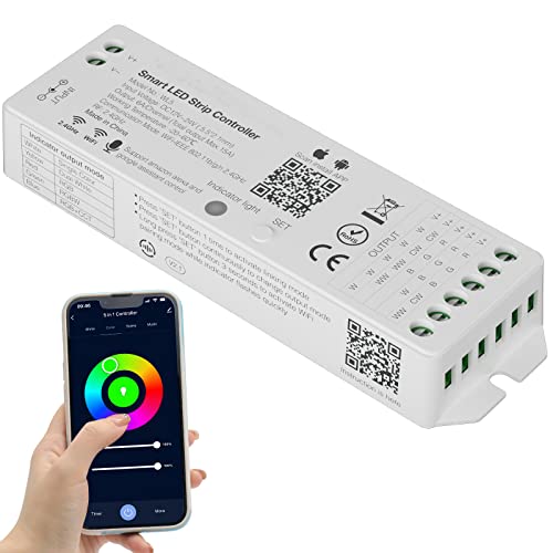 PAUTIX WiFi 5-in-1 LED Controller Dimmable for Monochrome CCT RGB RGBW RGBCCT LED Strip Lights Compatible with Tuya APP/Smart Life/Alexa/Google Home/Siri,DC12-24V Lights Controller(Without Battery) - Image 1