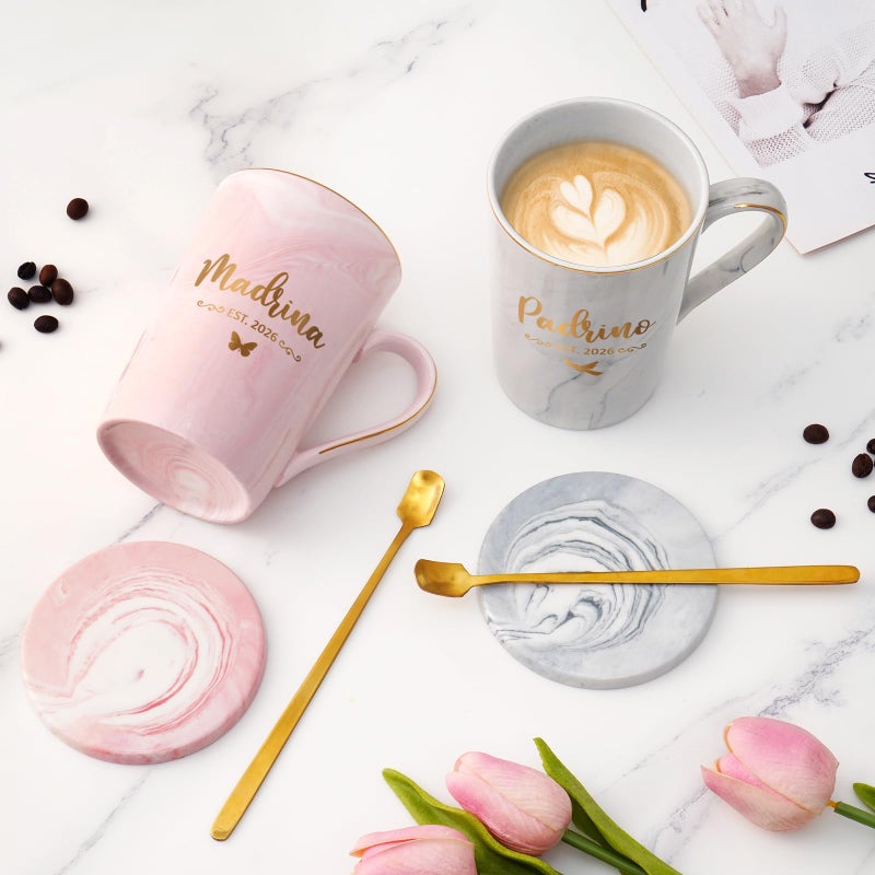 Maustic Godparents Proposal Gift, Padrinos Madrina Proposal Gift, Padrino Madrina Est 2026 Mugs Set, Will You Be My Godparents Gifts, Godmother Godfather Gifts for Baptism, 14 Oz Pink & Gray - Image 5