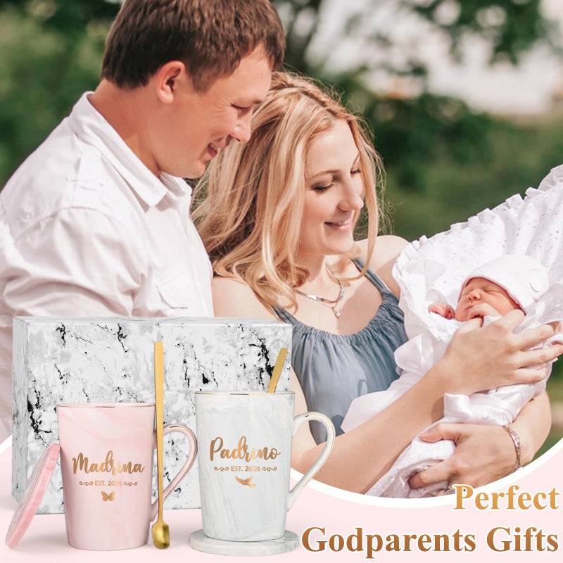 Maustic Godparents Proposal Gift, Padrinos Madrina Proposal Gift, Padrino Madrina Est 2026 Mugs Set, Will You Be My Godparents Gifts, Godmother Godfather Gifts for Baptism, 14 Oz Pink & Gray - Image 2
