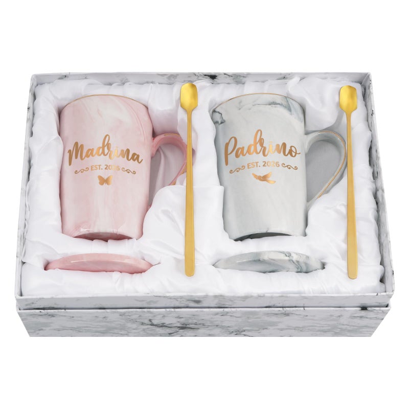 Maustic Godparents Proposal Gift, Padrinos Madrina Proposal Gift, Padrino Madrina Est 2026 Mugs Set, Will You Be My Godparents Gifts, Godmother Godfather Gifts for Baptism, 14 Oz Pink & Gray - Image 1