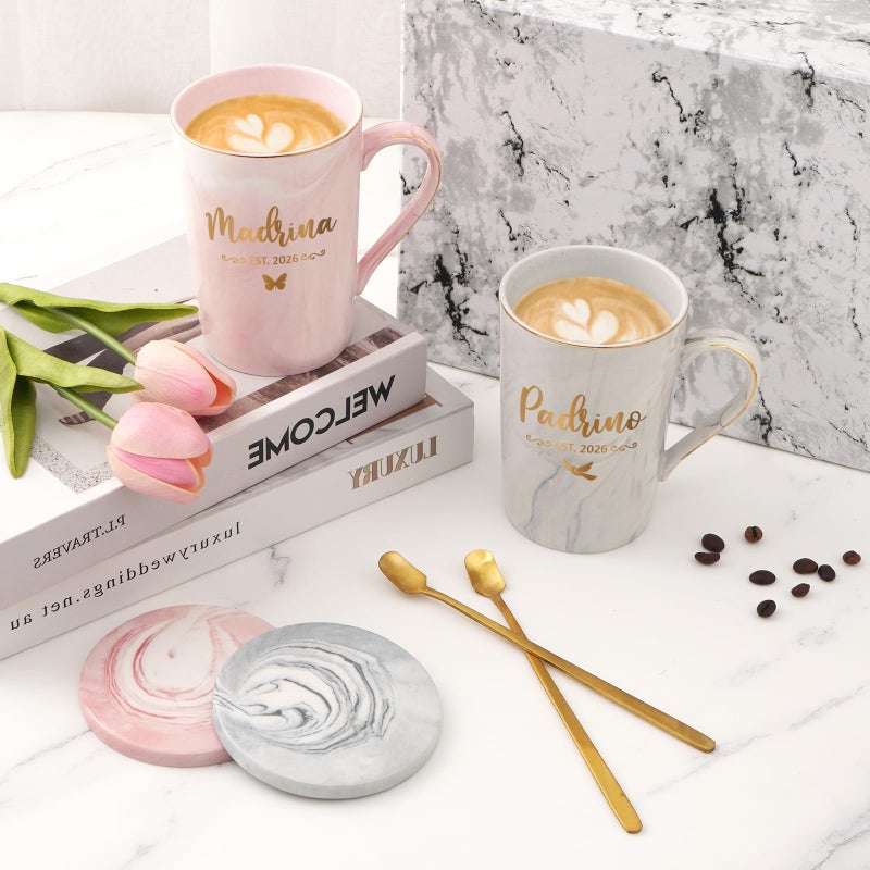 Maustic Godparents Proposal Gift, Padrinos Madrina Proposal Gift, Padrino Madrina Est 2026 Mugs Set, Will You Be My Godparents Gifts, Godmother Godfather Gifts for Baptism, 14 Oz Pink & Gray - Image 4
