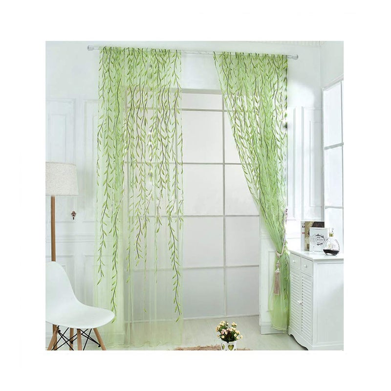 Ufurty 2 Pieces Willow Window Curtain Voile Tulle Room Salix Leaf Sheer Gauze Curtain Voile Panel Drapes Curtain Green Color for Living Room  Bedroom  Balcony - Image 1