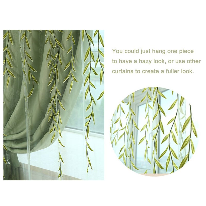 Ufurty 2 Pieces Willow Window Curtain Voile Tulle Room Salix Leaf Sheer Gauze Curtain Voile Panel Drapes Curtain Green Color for Living Room  Bedroom  Balcony - Image 4