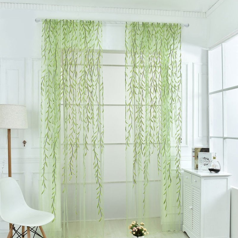 Ufurty 2 Pieces Willow Window Curtain Voile Tulle Room Salix Leaf Sheer Gauze Curtain Voile Panel Drapes Curtain Green Color for Living Room  Bedroom  Balcony - Image 2