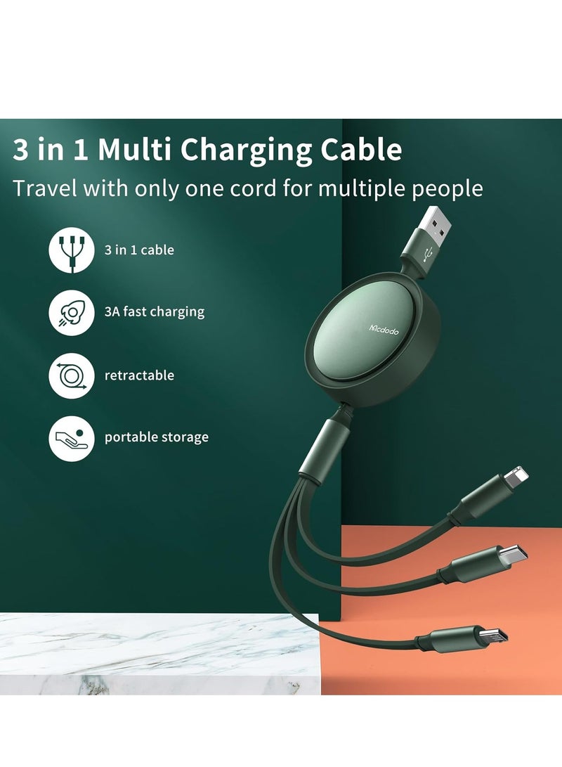 Mcdodo 3-in-1 Retractable Multi Charging Cable – 3A USB C Cable for iOS/iPad/Samsung/Tablets (Green) - Image 2