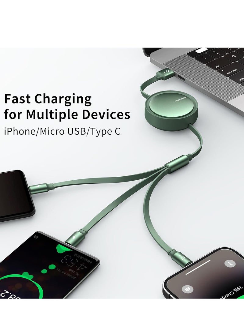 Mcdodo 3-in-1 Retractable Multi Charging Cable – 3A USB C Cable for iOS/iPad/Samsung/Tablets (Green) - Image 3