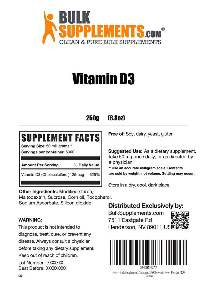 BULKSUPPLEMENTS.COM Vitamin D3 Powder Cholecalciferol For Bone Support Unflavored & Gluten Free 50Mg With 125Mcg (5000Iu) Of Vitamin D3 Per Serving (250 Grams 8.8 Oz) - Image 3