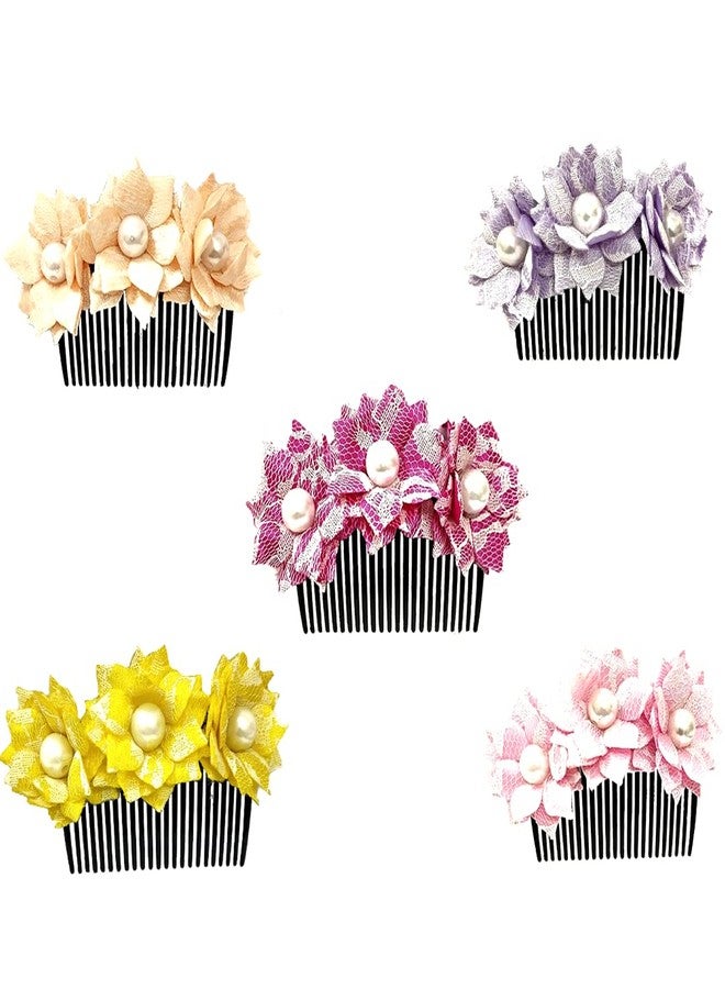 Hair Flare Artificial Multicolor Flowers Made Barretes/Hair Comb Slides/Hair pin/Juda Pin/Hair Accessories for Women and Girls-2509, Set of 5 Barretes - Image 1