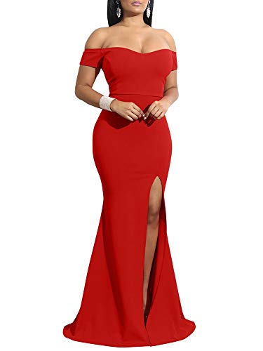 YMDUCH Women's Off Shoulder High Split Long Formal Party Dress Evening Gown Red - Image 1