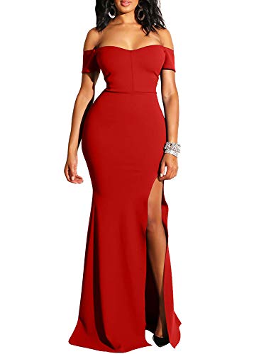 YMDUCH Women's Off Shoulder High Split Long Formal Party Dress Evening Gown Red - Image 4