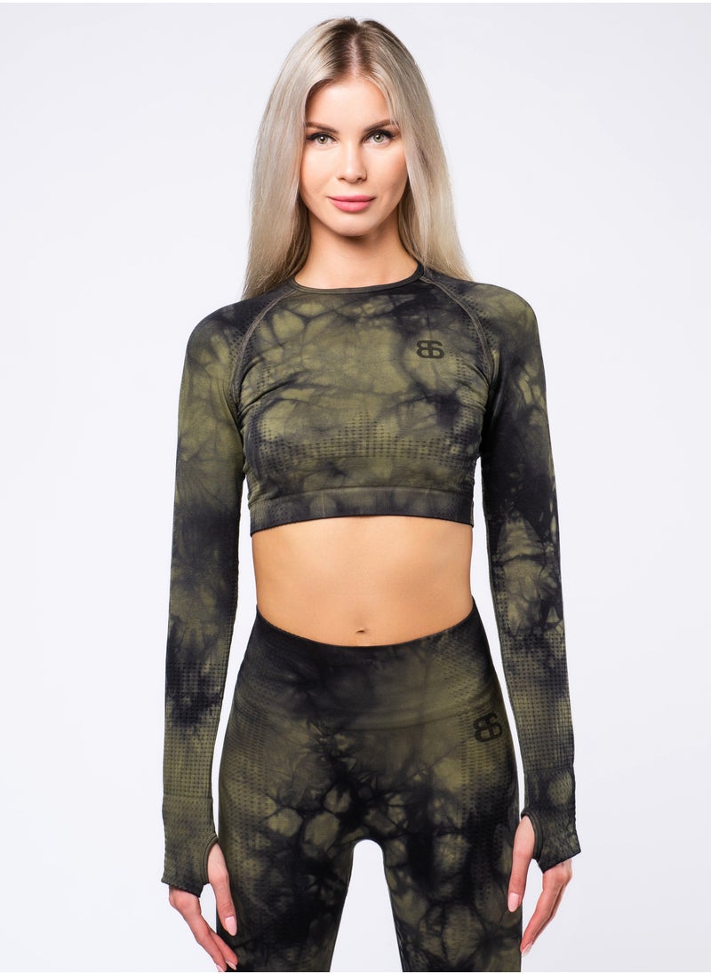 Bernessi Nylon Tie Dye Long Sleeve Crop Top with Round Neck Women's Cropped T Shirt for Workout Yoga Running Exercise Textured Olive Green Print  - Image 1