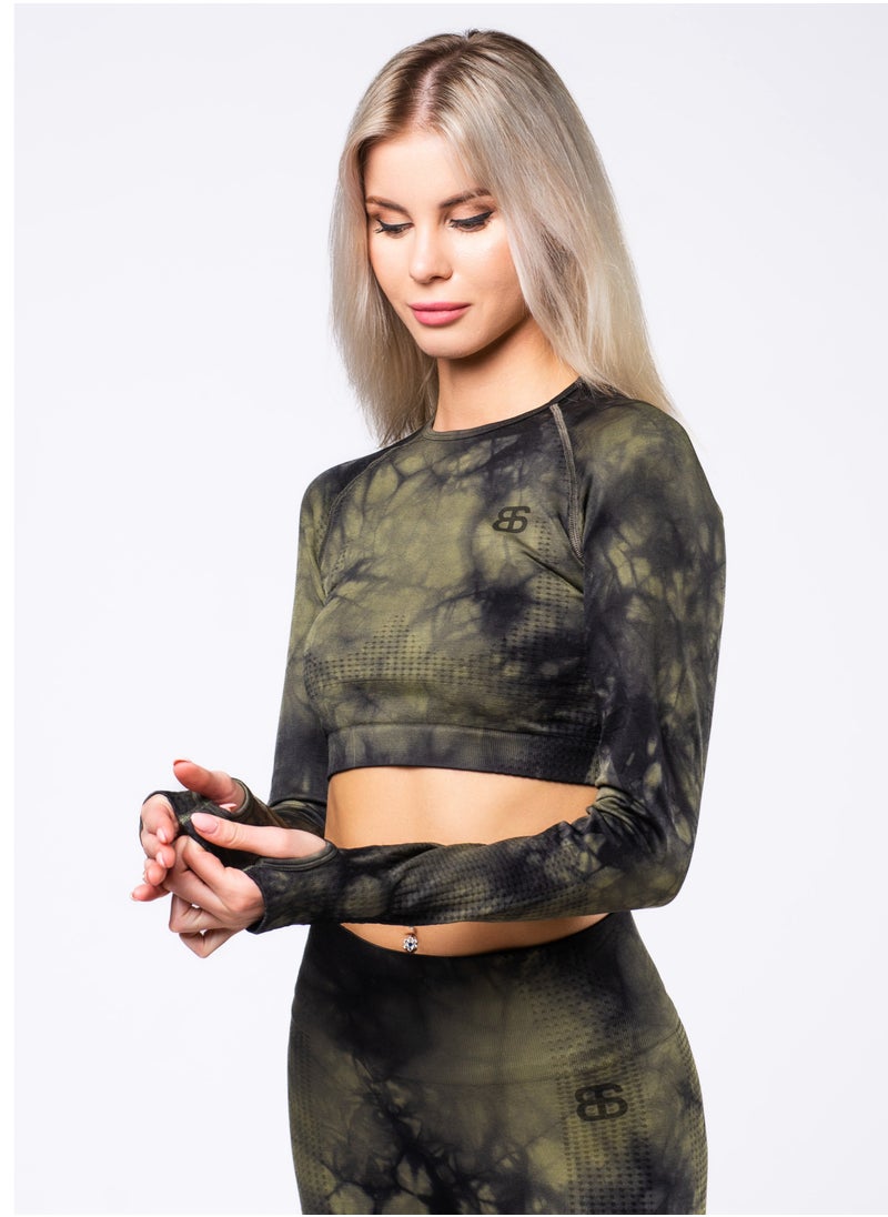 Bernessi Nylon Tie Dye Long Sleeve Crop Top with Round Neck Women's Cropped T Shirt for Workout Yoga Running Exercise Textured Olive Green Print  - Image 3