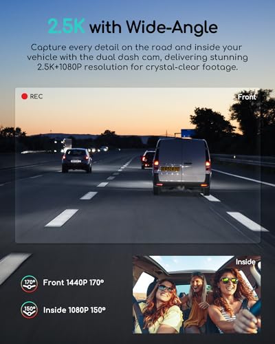 COOAU Dual Dash Cam 2.5K+1080P, Dash Cam Front and Inside, Built-in GPS and WI-FI, Dash Camera for Cars, Perfect for Uber and Taxi Drivers, Night Vision, Accident Record, 24Hr Parking Mode - Image 3