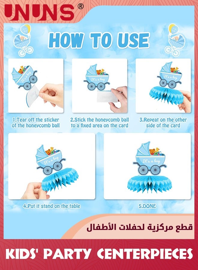 UNUNS Kids' Party Favors,9 Pcs Blue Baby Boy Honeycomb Centerpieces Table Decor,Gender Reveal Boy Baby Shower Floral Decor,Welcome Newborn Pattern Table Topper Ornaments,Birthday Party Decorations,Blue - Image 3