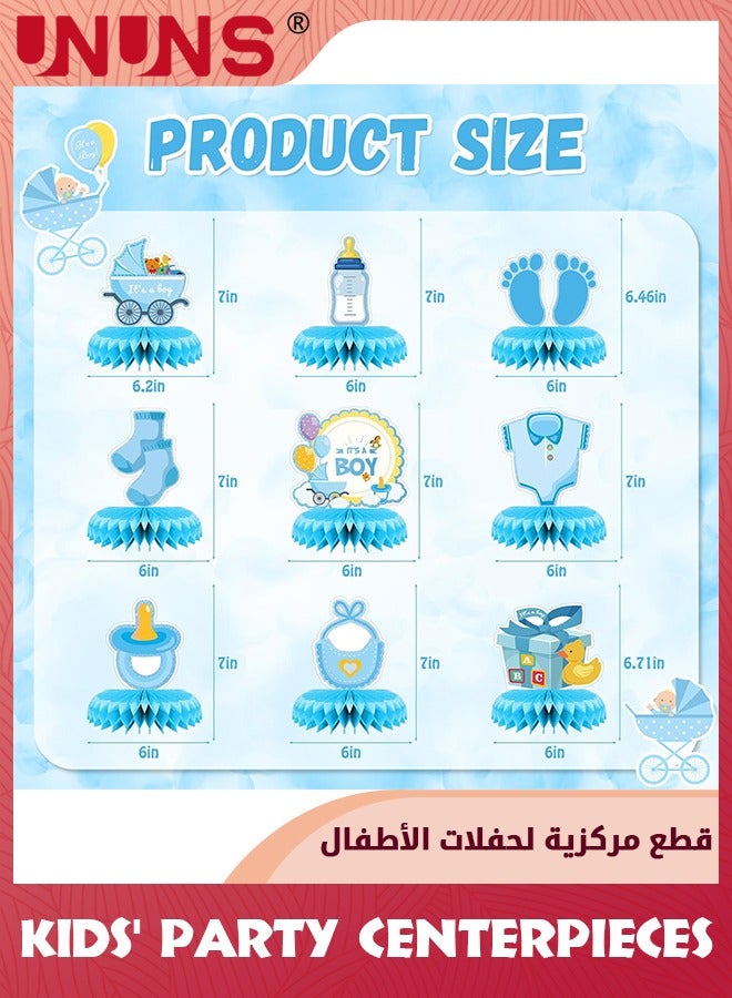 UNUNS Kids' Party Favors,9 Pcs Blue Baby Boy Honeycomb Centerpieces Table Decor,Gender Reveal Boy Baby Shower Floral Decor,Welcome Newborn Pattern Table Topper Ornaments,Birthday Party Decorations,Blue - Image 2