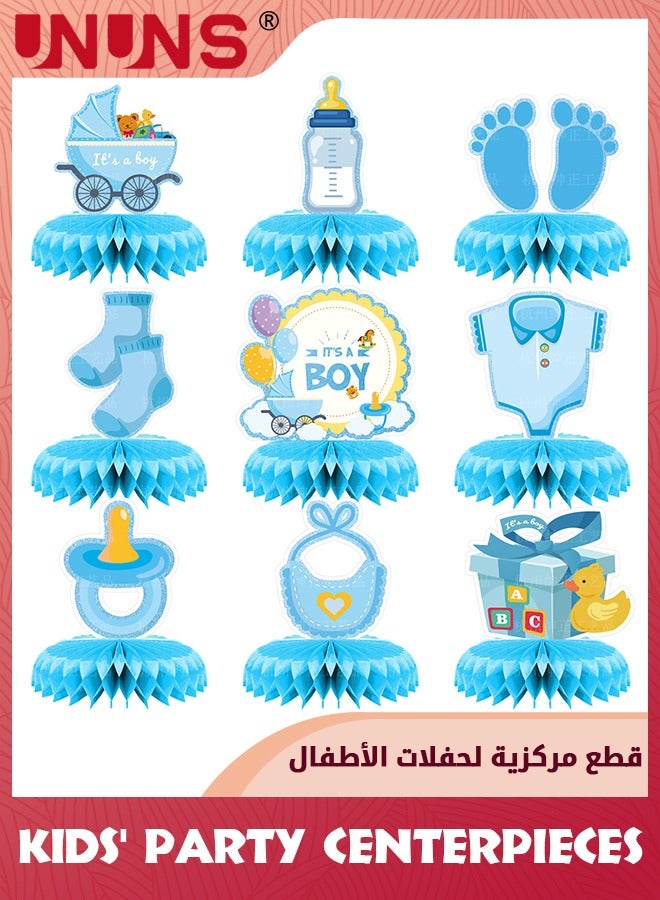 UNUNS Kids' Party Favors,9 Pcs Blue Baby Boy Honeycomb Centerpieces Table Decor,Gender Reveal Boy Baby Shower Floral Decor,Welcome Newborn Pattern Table Topper Ornaments,Birthday Party Decorations,Blue - Image 1