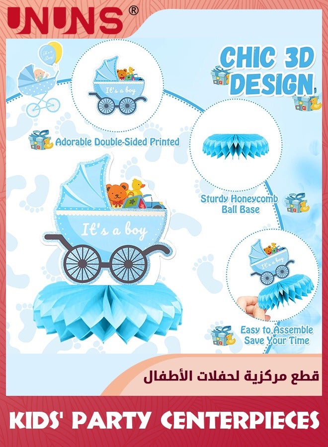 UNUNS Kids' Party Favors,9 Pcs Blue Baby Boy Honeycomb Centerpieces Table Decor,Gender Reveal Boy Baby Shower Floral Decor,Welcome Newborn Pattern Table Topper Ornaments,Birthday Party Decorations,Blue - Image 4
