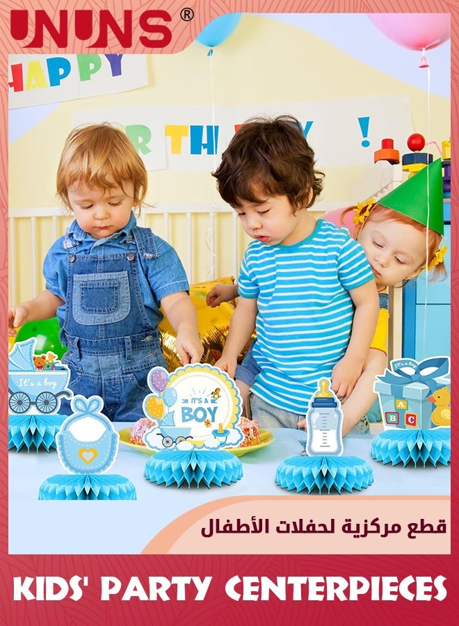 UNUNS Kids' Party Favors,9 Pcs Blue Baby Boy Honeycomb Centerpieces Table Decor,Gender Reveal Boy Baby Shower Floral Decor,Welcome Newborn Pattern Table Topper Ornaments,Birthday Party Decorations,Blue - Image 5