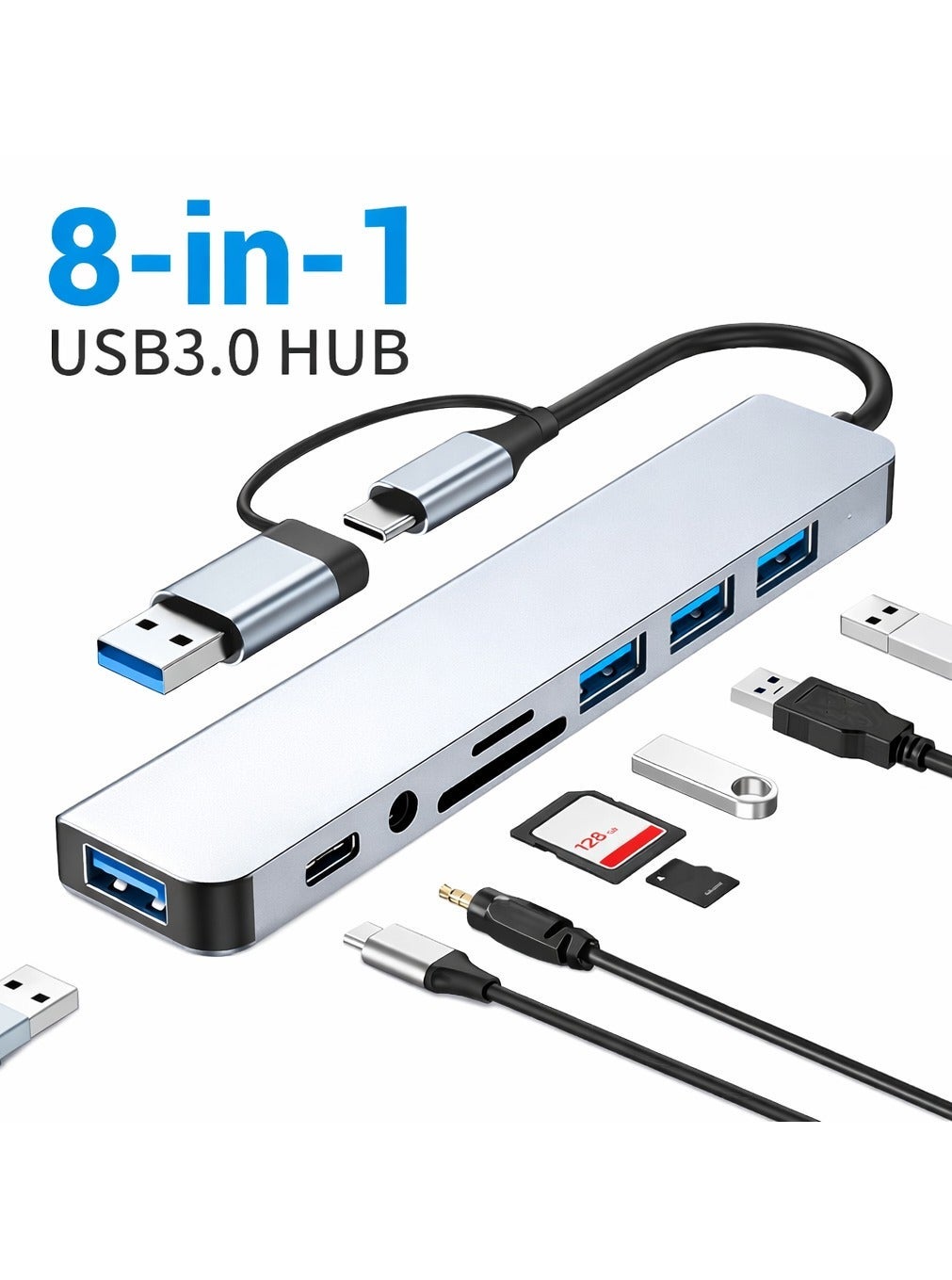 8-in-1 USB 3.0 Multiport Hub Adapter – USB-C & USB-A Compatible, 5Gbps High-Speed Data Transfer, SD/TF Card Reader, 3.5mm Audio Port, Plug & Play for Mobile, Laptop, Tablet, PC, MacBook & Desktop