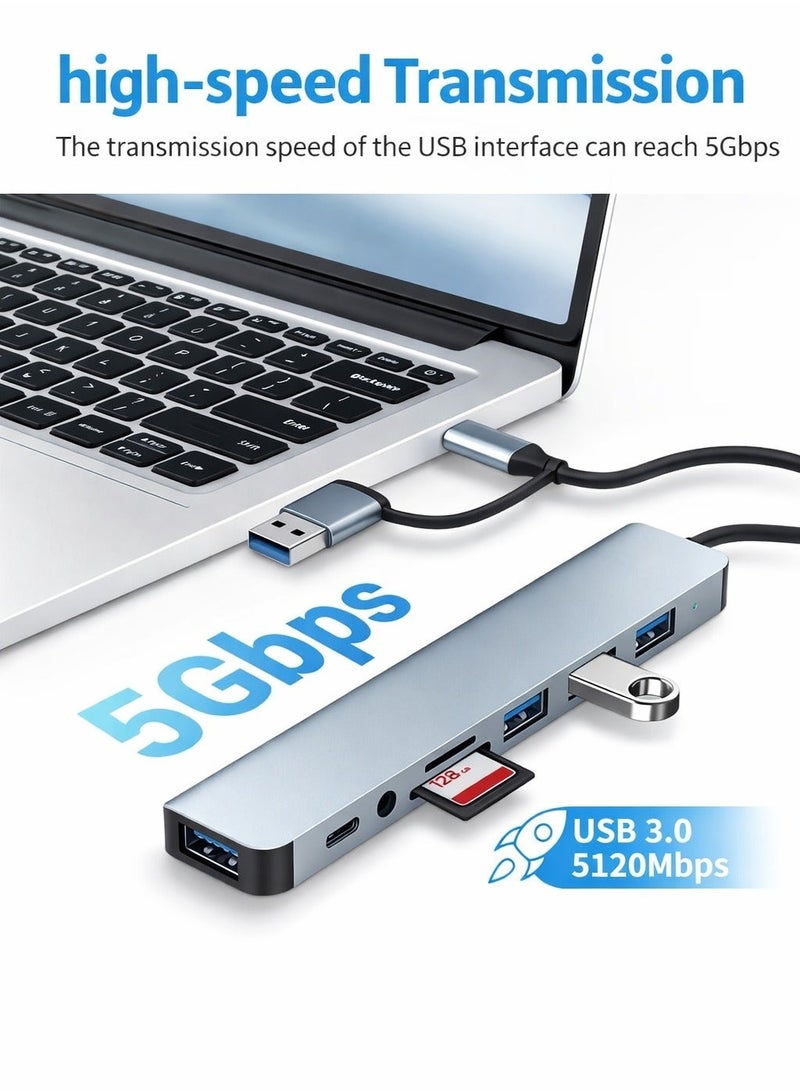 ايه كيه تي ستار محول متعدد المنافذ USB 3.0 ثماني في واحد - متوافق مع USB-C وUSB-A، نقل بيانات عالي السرعة 5 جيجابت في الثانية، قارئ بطاقات SD/TF، ​​منفذ صوت 3.5 ملم، التوصيل والتشغيل للهواتف المحمولة، وأجهزة الكمبيوتر المحمولة، والأجهزة اللوحية، وأجهزة الكمبيوتر الشخصية، وأجهزة MacBook، وأجهزة الكمبيوتر المكتبية. - Image 4