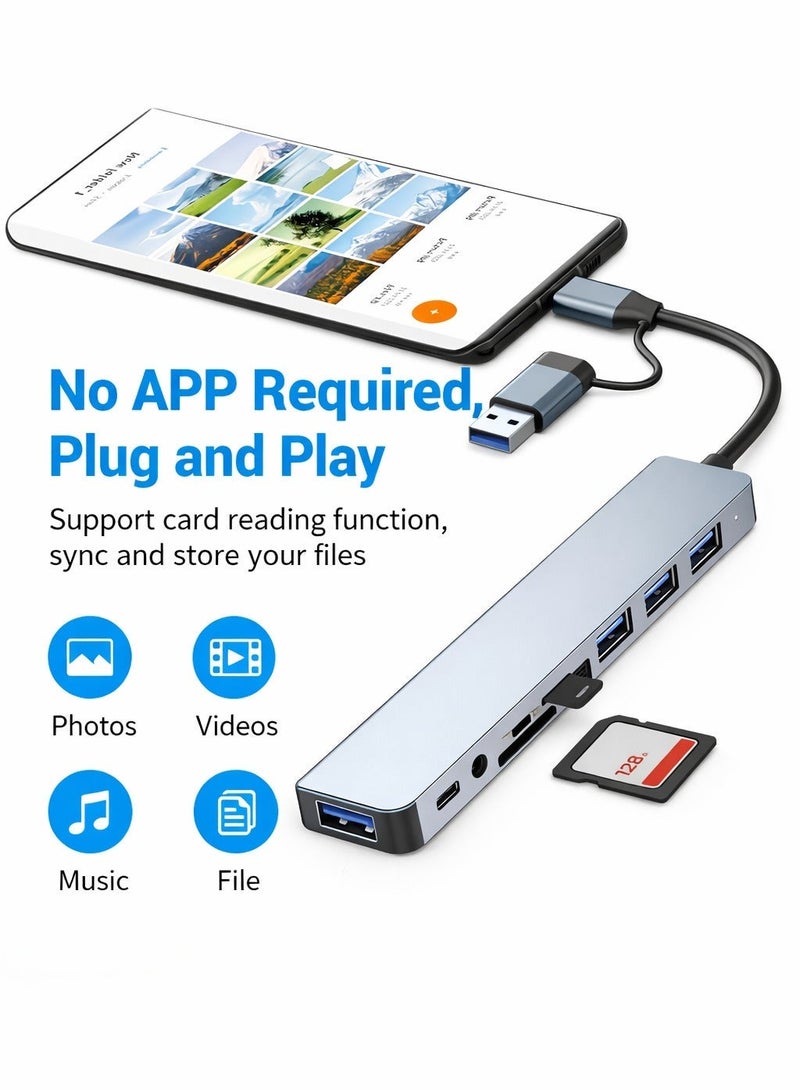 ايه كيه تي ستار محول متعدد المنافذ USB 3.0 ثماني في واحد - متوافق مع USB-C وUSB-A، نقل بيانات عالي السرعة 5 جيجابت في الثانية، قارئ بطاقات SD/TF، ​​منفذ صوت 3.5 ملم، التوصيل والتشغيل للهواتف المحمولة، وأجهزة الكمبيوتر المحمولة، والأجهزة اللوحية، وأجهزة الكمبيوتر الشخصية، وأجهزة MacBook، وأجهزة الكمبيوتر المكتبية. - Image 3