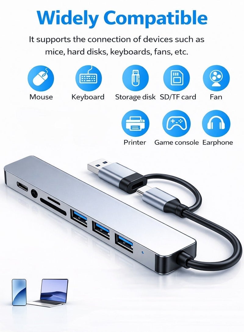 ايه كيه تي ستار محول متعدد المنافذ USB 3.0 ثماني في واحد - متوافق مع USB-C وUSB-A، نقل بيانات عالي السرعة 5 جيجابت في الثانية، قارئ بطاقات SD/TF، ​​منفذ صوت 3.5 ملم، التوصيل والتشغيل للهواتف المحمولة، وأجهزة الكمبيوتر المحمولة، والأجهزة اللوحية، وأجهزة الكمبيوتر الشخصية، وأجهزة MacBook، وأجهزة الكمبيوتر المكتبية. - Image 2