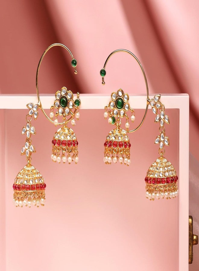 Rubans 24K Gold-Plated Emerald & Ruby Pink Kundan Studded Floral Jhumka Ear Cuff Earrings - Image 4
