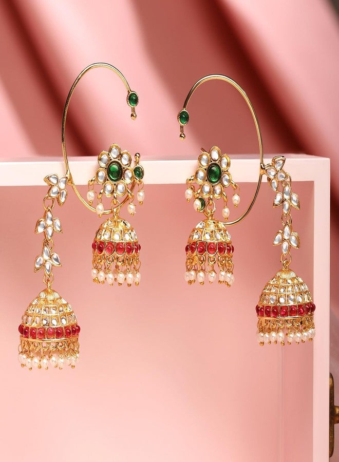 Rubans 24K Gold-Plated Emerald & Ruby Pink Kundan Studded Floral Jhumka Ear Cuff Earrings - Image 5