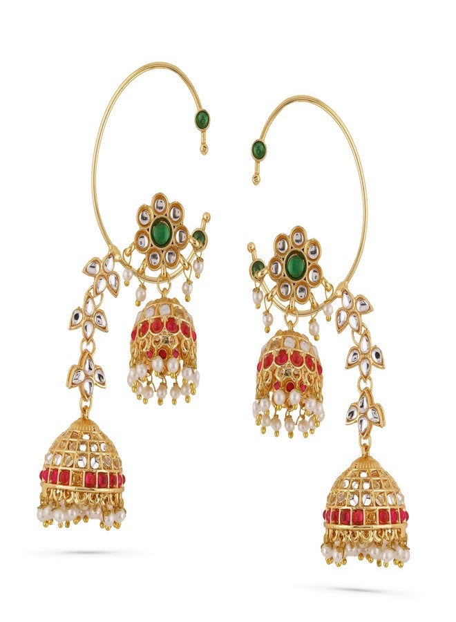 Rubans 24K Gold-Plated Emerald & Ruby Pink Kundan Studded Floral Jhumka Ear Cuff Earrings - Image 2