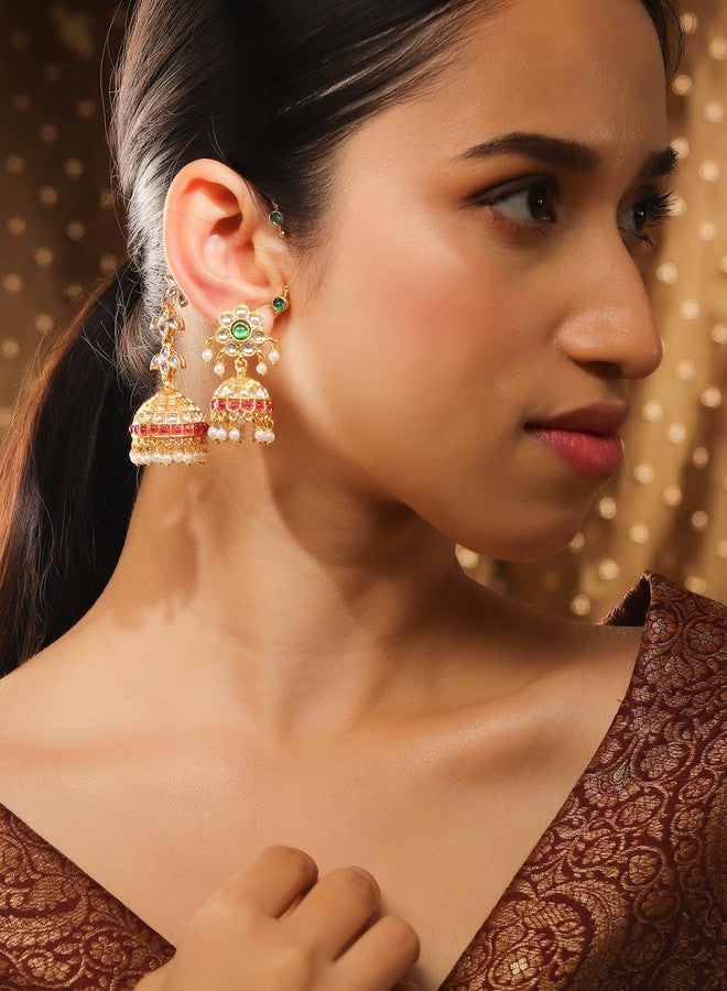Rubans 24K Gold-Plated Emerald & Ruby Pink Kundan Studded Floral Jhumka Ear Cuff Earrings - Image 3