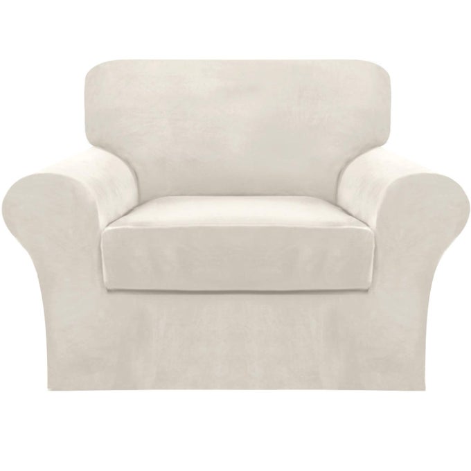 2 PIECE CHAIR SOFA COVERS VELVET FOR LIVING ROOM SLIPCOVERS WITH INDIVIDUAL CUSHION ELASTIC FURNITURE PROTECTOR FOR PETS MACHINE WASHABLE ARMCHAIR IVORY