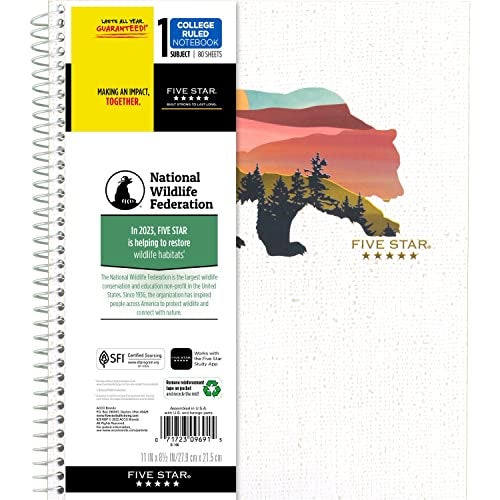 Five Star and National Wildlife Federation Spiral Notebook + Study App, 1 Subject, College Ruled Paper, 11" x 8-1/2", 80 Sheets, Forest Bear, 1 Count (820088FM) - Image 1