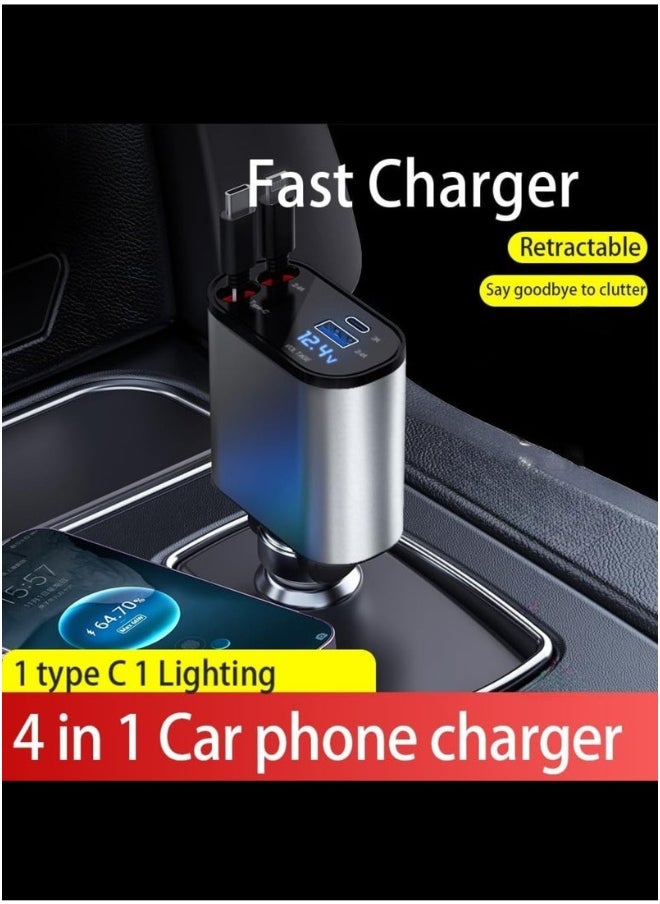 DUSALA - Car Charger 66W Retractable, 4-in-1 Fast Car Phone Charger with Retractable Cables & USB, Compatible with iPhone 15/14/13/12/11, Galaxy (1 Lightning, 1 Type-C) - Image 1