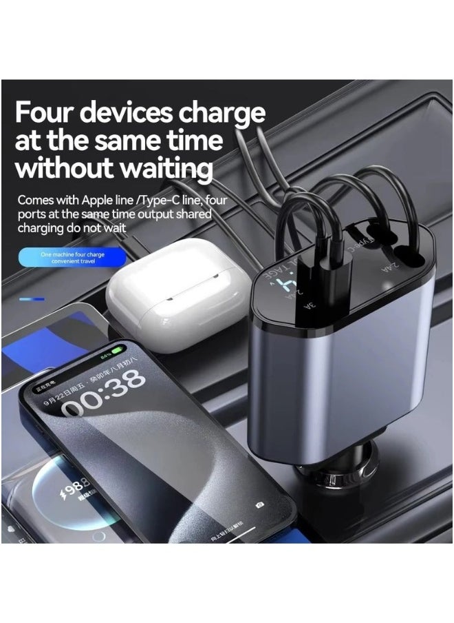 DUSALA - Car Charger 66W Retractable, 4-in-1 Fast Car Phone Charger with Retractable Cables & USB, Compatible with iPhone 15/14/13/12/11, Galaxy (1 Lightning, 1 Type-C) - Image 1
